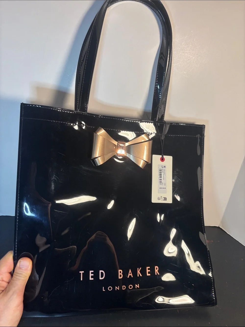 NWT Ted Baker Black Patent Icon Tote Bag with Gold Bow